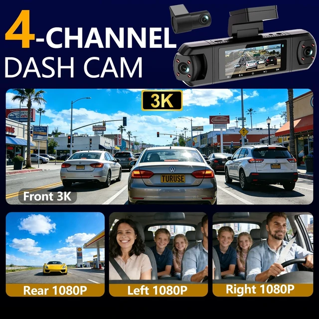 Alt view image 3 of 5 - M998-3K Dash Camera for Cars,360 View 3K Front +Rear&Left & Right 1080P x3, 4 Channel Dash Cam, Voice Control,WiFi & APP Control,8 IR Lamps Night Vision,Free 64GB SD Card,G-Sensor,Parking Mode