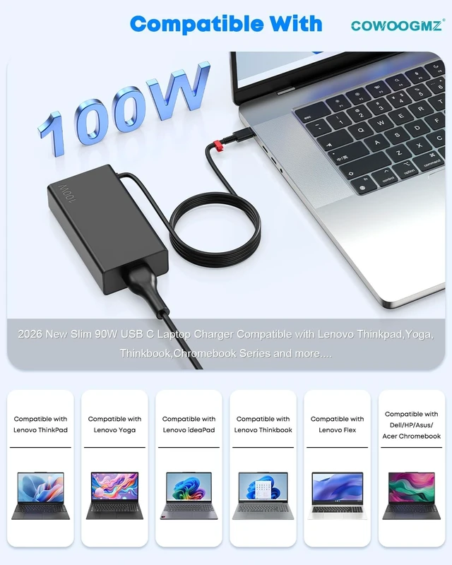 Alt view image 4 of 5 - COWOOGMZ Slim 100W USB C Laptop Charger Compatible with Lenovo Legion Go S Yoga Pro,ldeapad 5 Pro 16,Yoga 9 9i 7 7i,Yoga Slim 7 Pro,ThinkBook 15 16,ThinkPad P16s T16 Computer Type C Fast Charger