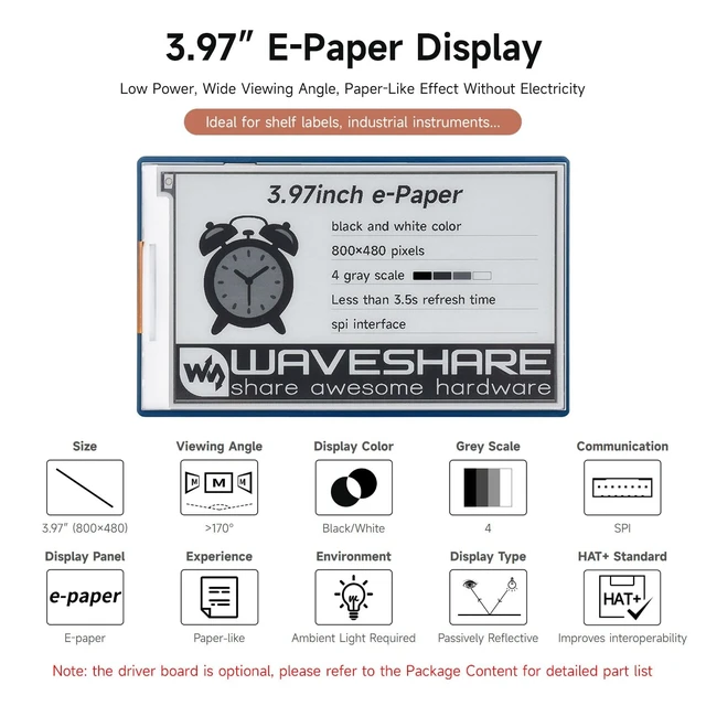 Alt view image 3 of 5 - Waveshare 3.97inch E-Paper Display, E-Ink Display, 800 480 Pixels, Black/White, 4 Grey Scales, SPI Interface, Standard Raspberry Pi 40PIN GPIO Header, Comes with Driver Board