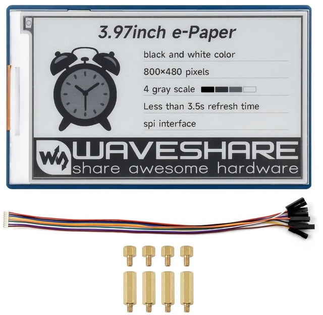 Main image of Waveshare 3.97inch E-Paper Display, E-Ink Display, 800 480 Pixels, Black/White, 4 Grey Scales, SPI Interface, Standard Raspberry Pi 40PIN GPIO Header, Comes with Driver Board