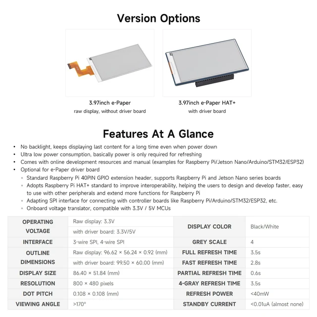 Alt view image 4 of 5 - Waveshare 3.97inch E-Paper Display, E-Ink Display, 800 480 Pixels, Black/White, 4 Grey Scales, SPI Interface, Standard Raspberry Pi 40PIN GPIO Header, Comes with Driver Board