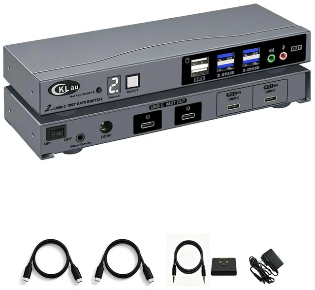 Main image of CKLau USB-C MST KVM Switch for 2 Computers and 2 Monitors, Dual 4K@60Hz, One USB-C Cable per Computer, Windows Extended Display, USB 3.0 Hub