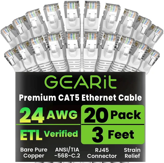 Main image of GEARit 20-Pack, Cat5e Ethernet Patch Cable 3 Feet - Snagless RJ45 Computer LAN Network Cord, White