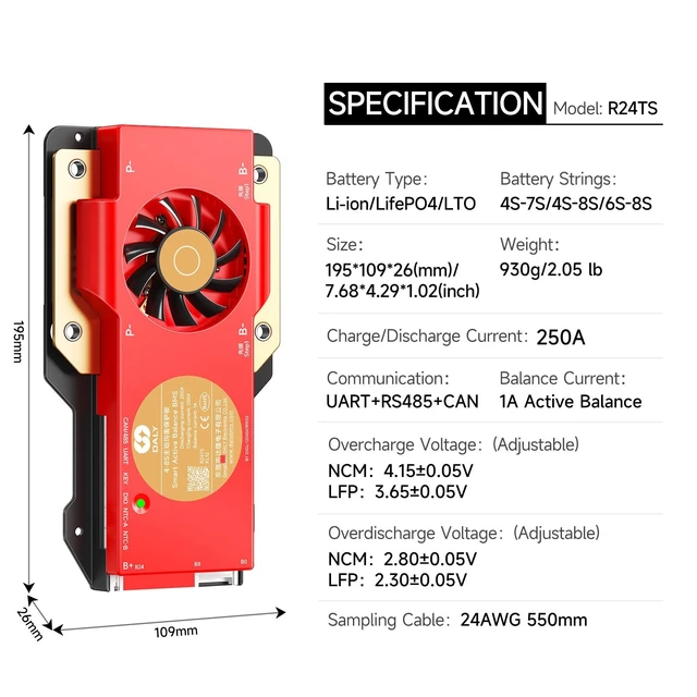 Alt view image 2 of 5 - DALY BMS 12V-24V 250A Built-in 1A Active Balancer Bluetooth RS485 CAN