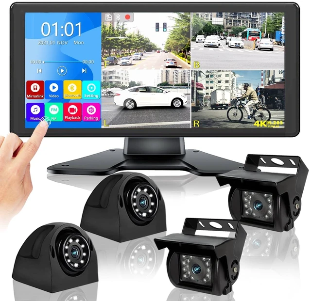 Main image of 4K RV Backup Camera System, 10.36" DVR Quad 4 Split Touchable Monitor with Bluetooth MP3 MP4 DVR FM + IP69K Waterproof Night Vision Reverse Rear Side View Camera for RV Truck Semi Truck Trailer Camper