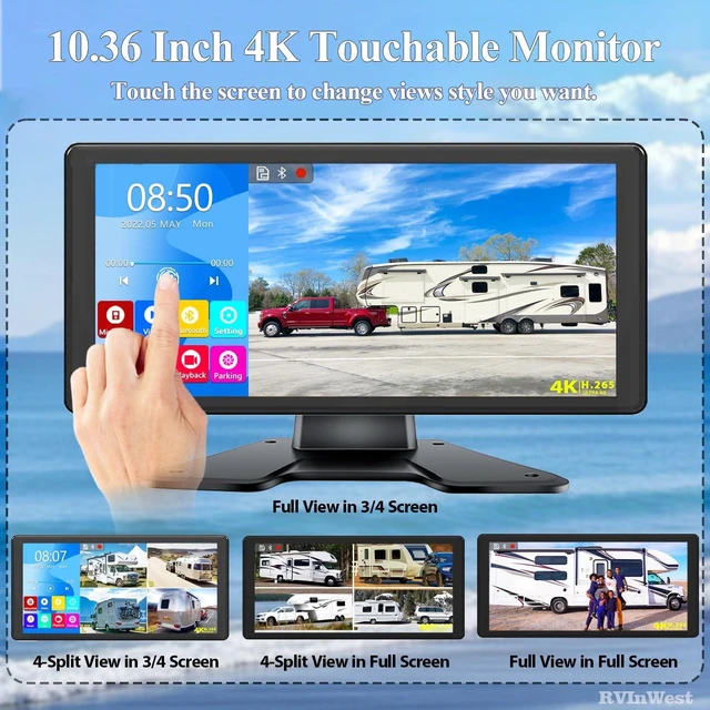 Alt view image 2 of 5 - 4K RV Backup Camera System, 10.36" DVR Quad 4 Split Touchable Monitor with Bluetooth MP3 MP4 DVR FM + IP69K Waterproof Night Vision Reverse Rear Side View Camera for RV Truck Semi Truck Trailer Camper