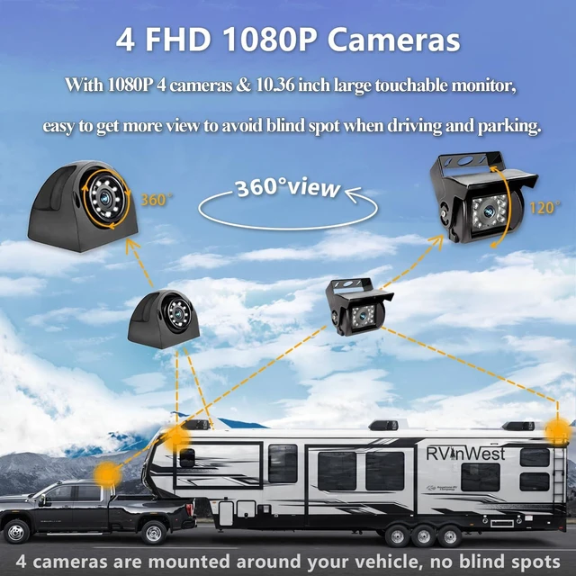 Alt view image 3 of 5 - 4K RV Backup Camera System, 10.36" DVR Quad 4 Split Touchable Monitor with Bluetooth MP3 MP4 DVR FM + IP69K Waterproof Night Vision Reverse Rear Side View Camera for RV Truck Semi Truck Trailer Camper