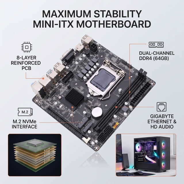 Alt view image 3 of 5 - Zopsc H110 Gaming Motherboard, LGA 1151 Mini ITX DDR4 2133 2400 2666MHz Support 6th 7th 8th Gen CPU, with M.2 NVMe Slot and PCIe x16, for Core i7 i5 Pentium Celeron Processo
