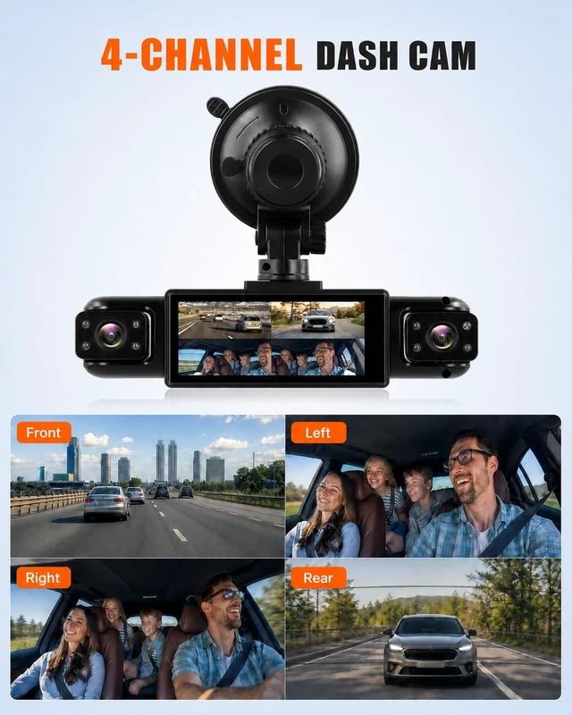 Alt view image 3 of 5 - UNITOPSCI 360 4 Channel Dash Cam Front and Rear Inside Left Right, 3.16'' FHD 1080P IPS Dashcam Supports Reverse View Camera for Cars, Loop Recording, 24/7 Monitoring, Night Vision Fit for All Cars