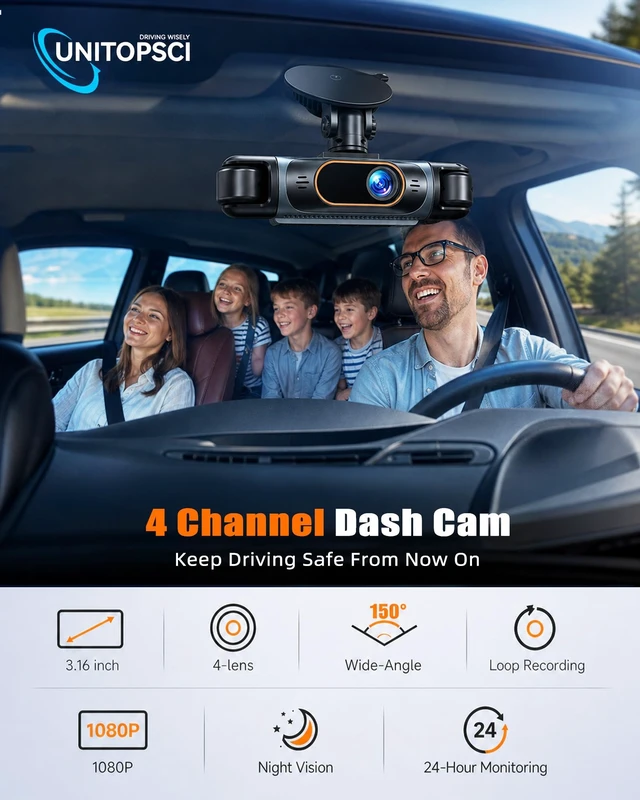 Alt view image 2 of 5 - UNITOPSCI 360 4 Channel Dash Cam Front and Rear Inside Left Right, 3.16'' FHD 1080P IPS Dashcam Supports Reverse View Camera for Cars, Loop Recording, 24/7 Monitoring, Night Vision Fit for All Cars
