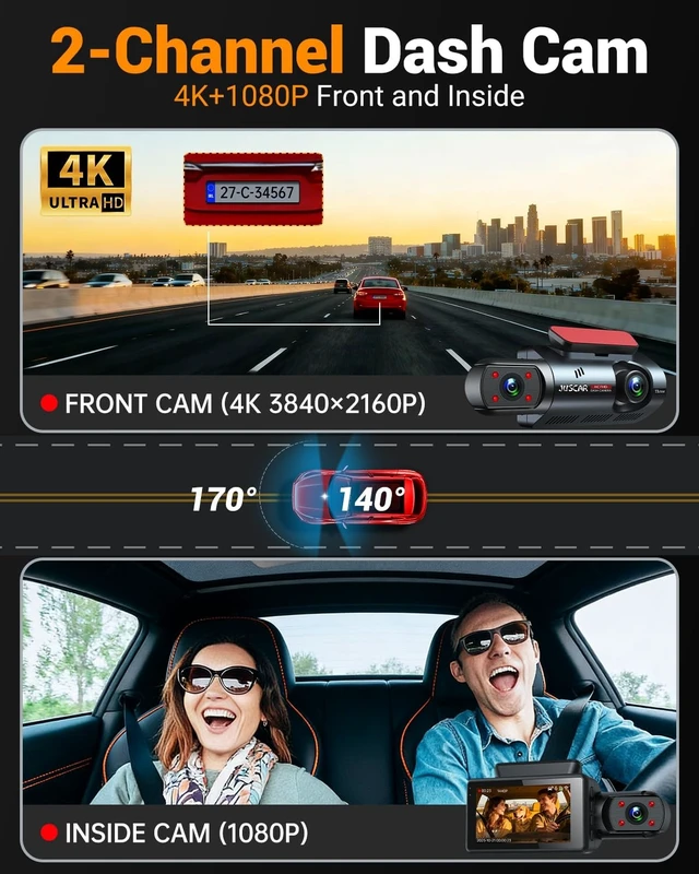 Alt view image 2 of 5 - 4K Dual Dash Cam with WiFi GPS, Voice Control, 4K+1080P Front and Inside Car Camera, UHD Night Vision, Dash Camera for Cars with 3" IPS Touch Screen, 24H Parking Mode, G-Sensor, 32GB Card