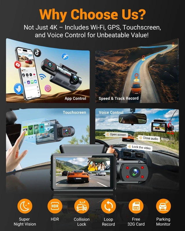 Alt view image 4 of 5 - 4K Dual Dash Cam with WiFi GPS, Voice Control, 4K+1080P Front and Inside Car Camera, UHD Night Vision, Dash Camera for Cars with 3" IPS Touch Screen, 24H Parking Mode, G-Sensor, 32GB Card