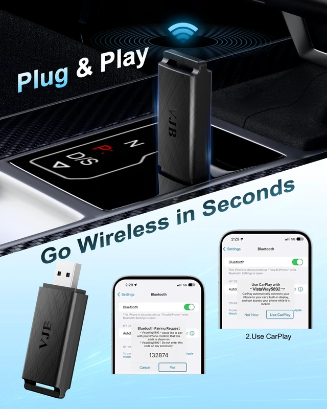 Alt view image 4 of 5 - VJB Wireless CarPlay & Android Auto Adapter Dongle for iPhone & Android, Wired to Wireless Converter, Plug and Play USB Car Accessory, Fast Auto-Connect for 2016+ Vehicles (iOS 10+, Andr
