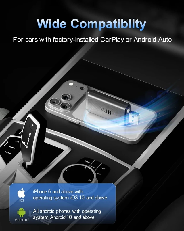 Alt view image 3 of 5 - VJB Wireless CarPlay & Android Auto Adapter Dongle for iPhone & Android, Wired to Wireless Converter, Plug and Play USB Car Accessory, Fast Auto-Connect for 2016+ Vehicles (iOS 10+, Andr