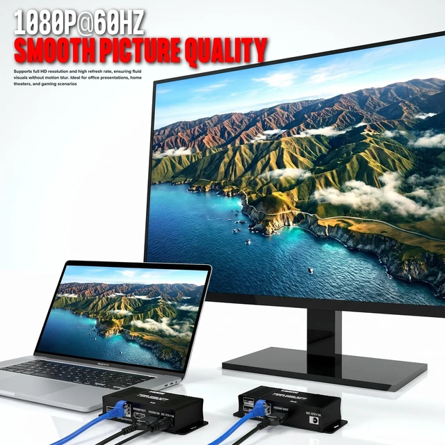 Alt view image 2 of 5 - 196ft/60m HDMI KVM USB Extender, HDMI to RJ45 Over Cat5e/6/7, 1080P@60Hz, Supports Keyboard and Mouse USB Loop Out, POC Power Supply, Transmitter & Receiver for Home Theater Outdoor