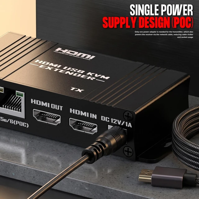 Alt view image 5 of 5 - 196ft/60m HDMI KVM USB Extender, HDMI to RJ45 Over Cat5e/6/7, 1080P@60Hz, Supports Keyboard and Mouse USB Loop Out, POC Power Supply, Transmitter & Receiver for Home Theater Outdoor