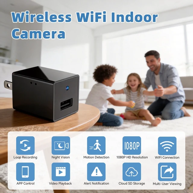 Alt view image 2 of 5 - ASWNS 1080P HD WiFi Wireless Camera Charge for Home with App Control & Motion Detection,Indoor Security Camera with USB Phone Charge, Night Vision & Loop Recording for Office,Garage,Shop,Pet