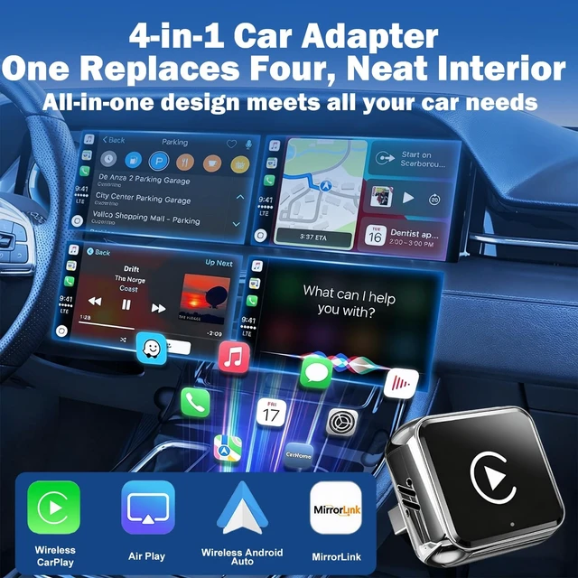 Alt view image 3 of 5 - 4-in-1 Wireless CarPlay Adapter, Supports Apple CarPlay & Android Auto & AirPlay & MirrorLink, 2027 Upgraded Low Latency Screen Mirroring Dongle for Car with USB-A/USB-C Connection, Plug & Play