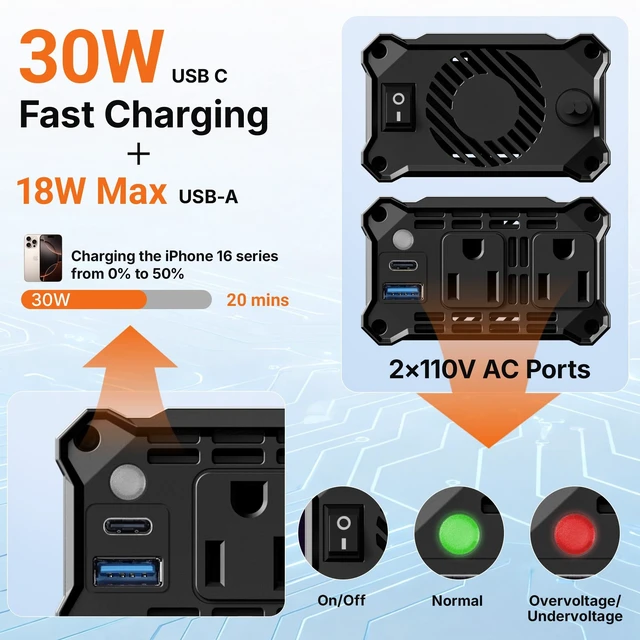 Alt view image 2 of 5 - Vansoet Car Power Inverter, PD & QC 2 Outlets,DC 12V to 110V AC