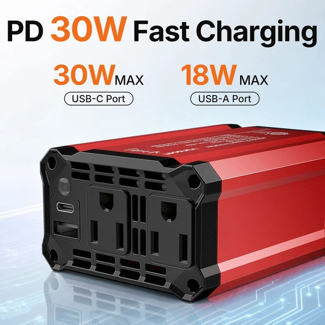 Alt view image 3 of 5 - Vansoet Car Power Inverter, PD & QC 2 Outlets,DC 12V to 110V AC