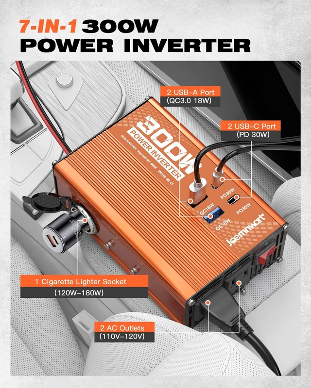 Alt view image 2 of 5 - Joemnwart 300W Car Power Inverter - DC 12V to 110V AC Converter with Fast Charging - 2 USB-A(18W), 2 USB-C(PD30W), and Cigarette Lighter Outlet Portable Car Charger