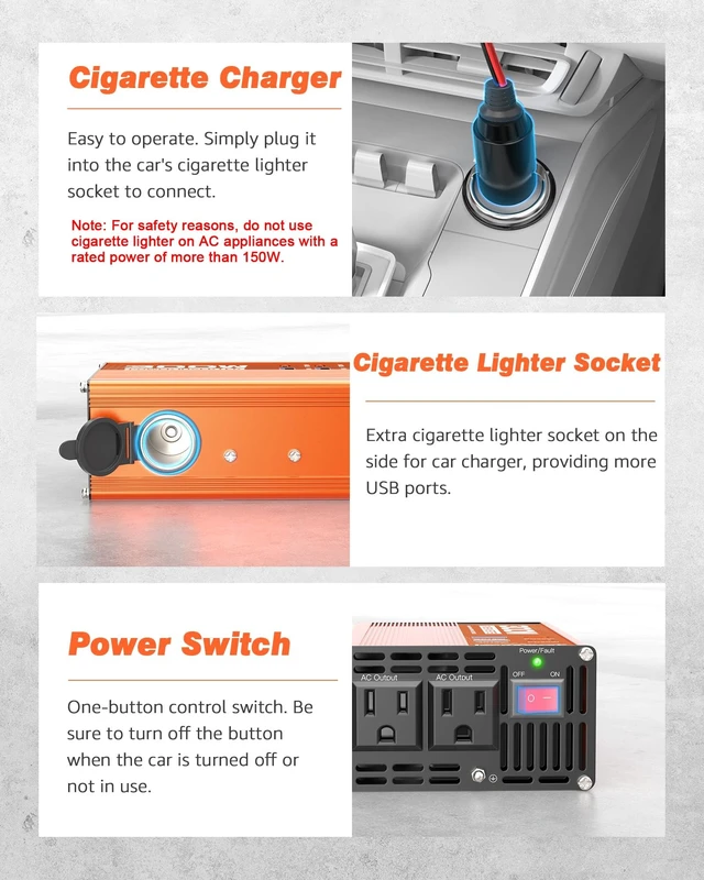 Alt view image 5 of 5 - Joemnwart 300W Car Power Inverter - DC 12V to 110V AC Converter with Fast Charging - 2 USB-A(18W), 2 USB-C(PD30W), and Cigarette Lighter Outlet Portable Car Charger