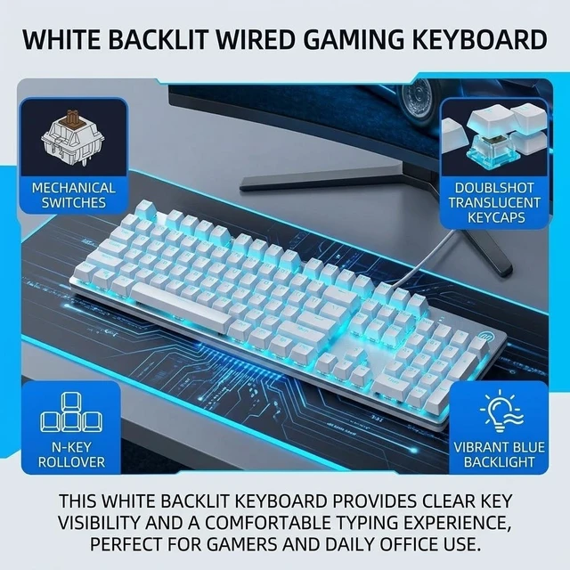 Alt view image 2 of 5 - HP GK400F Wired Mechanical Gaming Keyboard, for Desktop & Laptop (White)