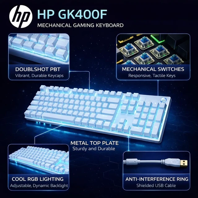 Alt view image 4 of 5 - HP GK400F Wired Mechanical Gaming Keyboard, for Desktop & Laptop (White)