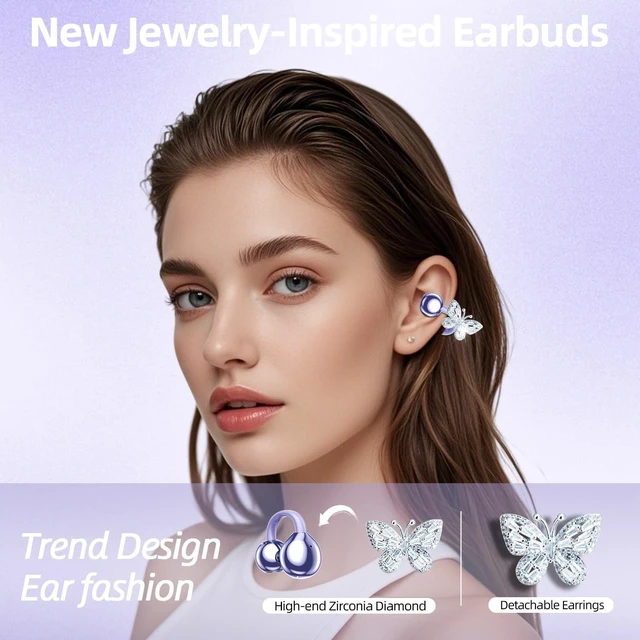 Alt view image 2 of 5 - Jewelry-Inspired Clip On Earbuds, Open Ear Clip-On Headphones,Wireless Bluetooth Ear Cuff Headphones for Women,Mini Wireless Earrings Earbuds for Running, Office, Sport & Gift (Butterfly