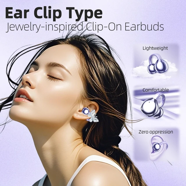 Alt view image 3 of 5 - Jewelry-Inspired Clip On Earbuds, Open Ear Clip-On Headphones,Wireless Bluetooth Ear Cuff Headphones for Women,Mini Wireless Earrings Earbuds for Running, Office, Sport & Gift (Butterfly