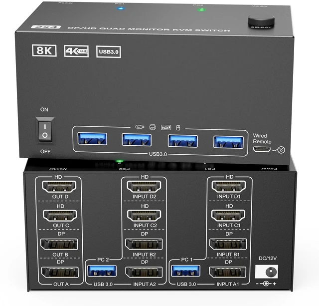 Main image of KVM Switch 4 Monitors 2 Computers HDMI + DisplayPort, KCEVE DP 2 Computer Switcher, Support 8K@30Hz/4k@144Hz for 4 PC Share 4 Display and 4 USB 3.0 Devices