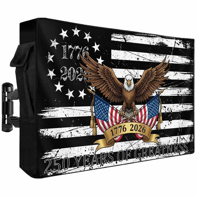 Main image of 250 Anniversary USA Flag Outdoor TV Cover 40 to 43 Inch Weatherproof, Black American Flag Eagle 600D Oxford TV Covers with Waterproof Zipper, Outside Flat TV Screen Protector Size 40"W x 25"H x 4.5"D