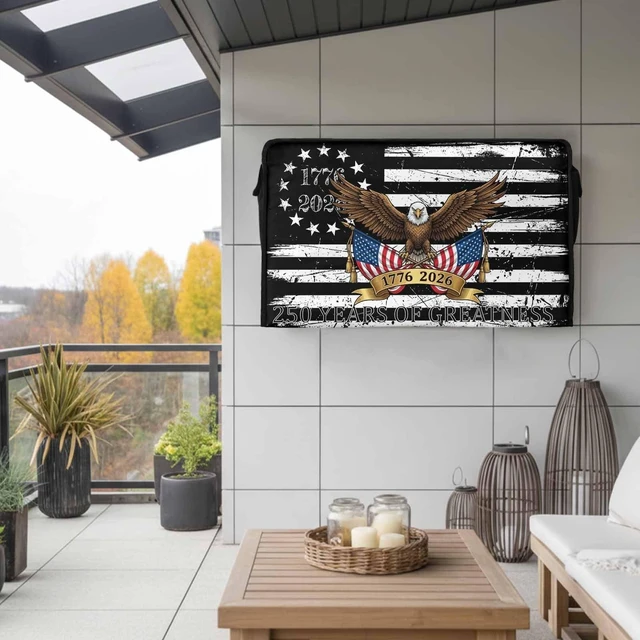 Alt view image 3 of 5 - 250 Anniversary USA Flag Outdoor TV Cover 40 to 43 Inch Weatherproof, Black American Flag Eagle 600D Oxford TV Covers with Waterproof Zipper, Outside Flat TV Screen Protector Size 40"W x 25"H x 4.5"D