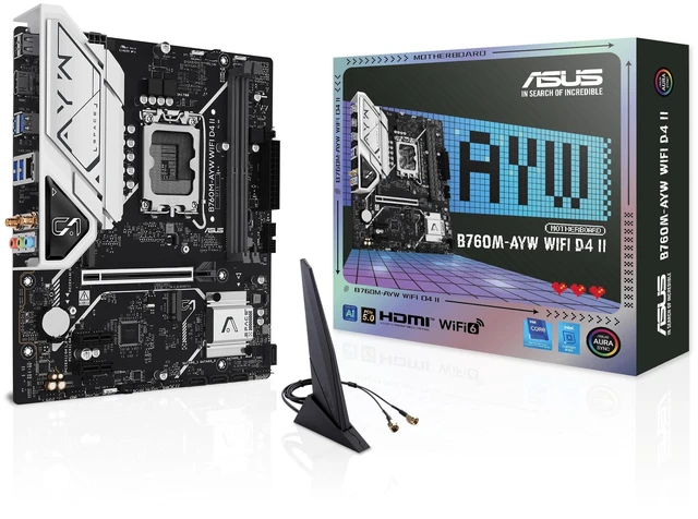 Main image of ASUS B760M-AYW WiFi D4 II Intel B760 (LGA 1700) microATX mATX Motherboard, PCIe 5.0 x16 Support, Two M.2 Slots, DDR4, Realtek 2.5Gb Ethernet, Wi-Fi 6, HDMI, SATA 6 Gbps, Front USB 5Gbps, Aura S