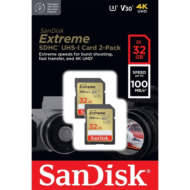 Alt view image 2 of 3 - SanDisk 32GB Extreme SDHC Cards (2-Pack) + RescuePRO Deluxe, up to 100MB/s, UHS-I, Class 10, U3, V30
