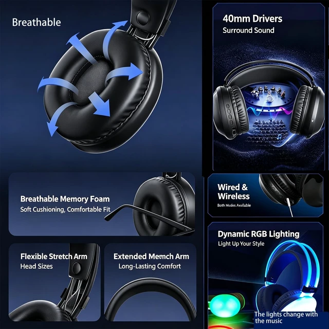 Alt view image 5 of 5 - SWTGTEM Silent Disco Headphone,40mm Speakers LED Lights,Adjustable Headband Breathable 3 LED Channels, Support Wireless Connect,for Fitness,Yoga,Party,HI-FI Stereo,(6pcs Headphones)