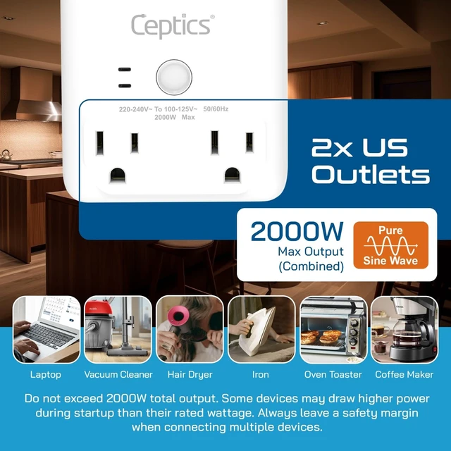Alt view image 2 of 5 - Ceptics Voltage Converter US to Europe, 2000W Pure Sine Wave 220V to 110V, Perfect for Hair Dryer, Straighteners and Curling Iron, 6 in 1 with 2 AC Outlets and 4 USB Ports (PD 45W)