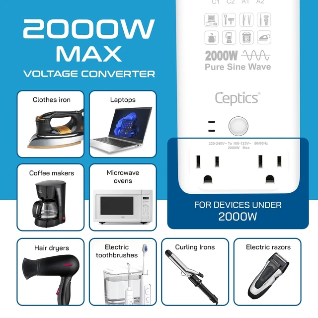 Alt view image 3 of 5 - Ceptics Voltage Converter US to Europe, 2000W Pure Sine Wave 220V to 110V, Perfect for Hair Dryer, Straighteners and Curling Iron, 6 in 1 with 2 AC Outlets and 4 USB Ports (PD 45W)