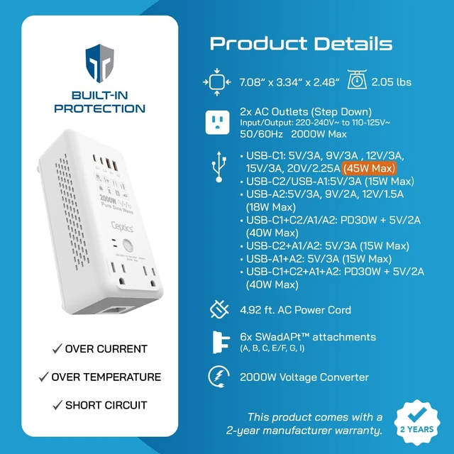 Alt view image 5 of 5 - Ceptics Voltage Converter US to Europe, 2000W Pure Sine Wave 220V to 110V, Perfect for Hair Dryer, Straighteners and Curling Iron, 6 in 1 with 2 AC Outlets and 4 USB Ports (PD 45W)