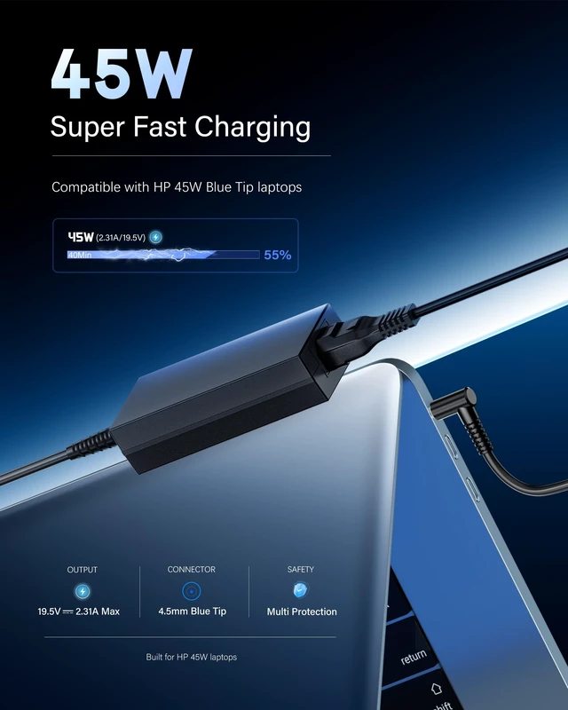Alt view image 2 of 5 - UL Certified 45W Blue Tip Charger Compatible with HP Laptop Charger