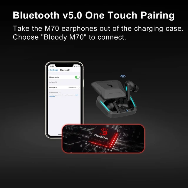 Alt view image 2 of 5 - Bloody M70 TWS True Wireless Earbuds, Bluetooth 5.0, 22H Playtime, Low Latency & Lightweight, Hybrid Diaphragm Deep Bass, IPX4 Rate Earphones with Mini Charging Case White (M70 - Blue)