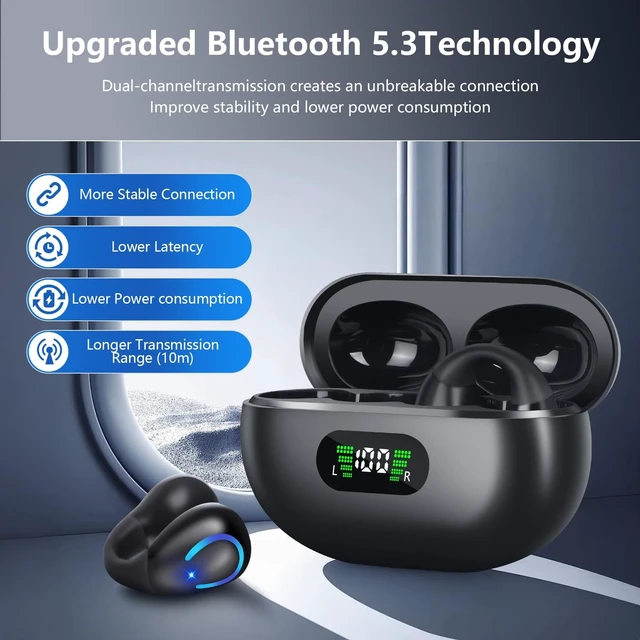 Alt view image 5 of 5 - dufiga Ultra Open Ear Headphones Bluetooth 5.3 Wireless Bone Conduction Clip On Earbuds with Digital Display Charging Case 60 Hours Playtime Sport Earphones IPX7 Waterproof for Running Fitness