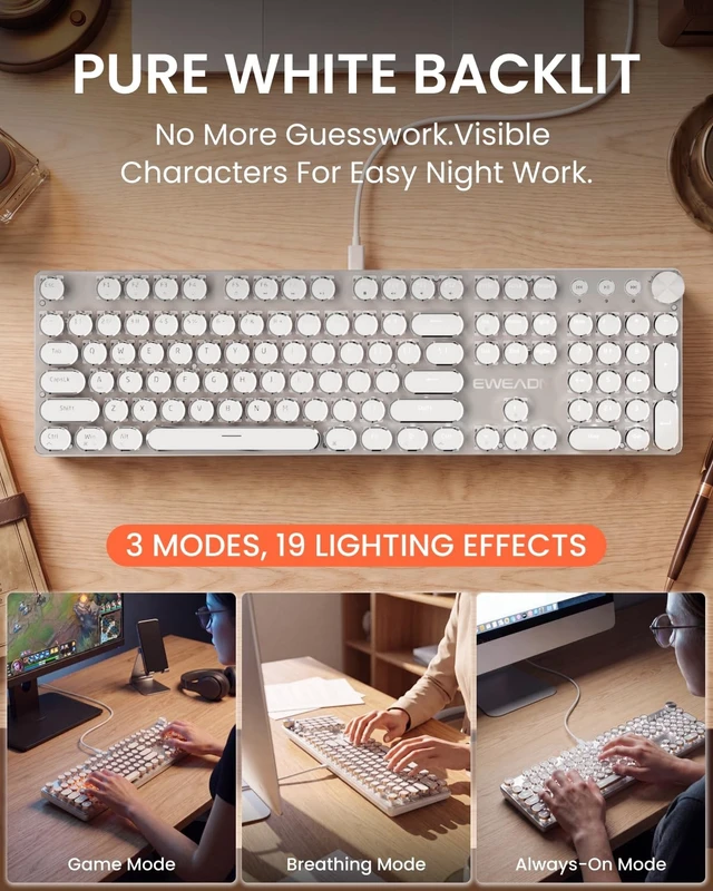 Alt view image 3 of 5 - Wired Typewriter Keyboard and Mouse Combo, White Backlit, Soft Clack, Green