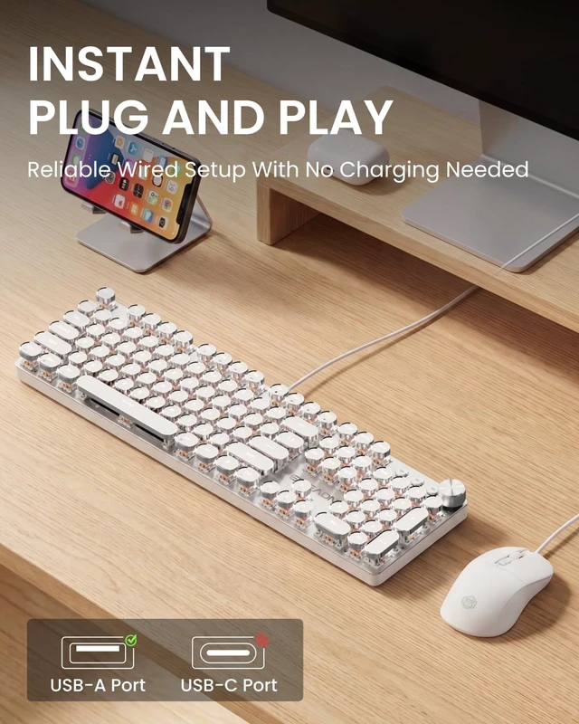 Alt view image 5 of 5 - Wired Typewriter Keyboard and Mouse Combo, White Backlit, Soft Clack, Green