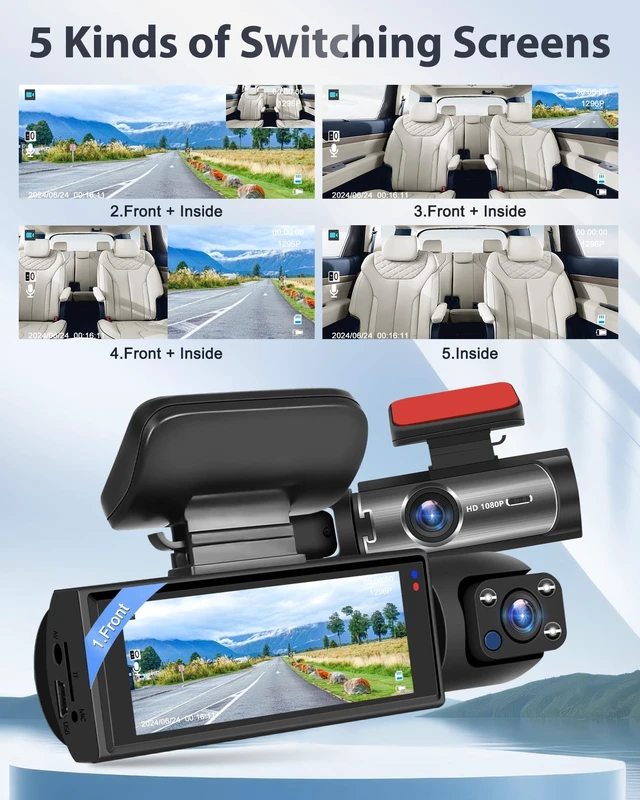 Alt view image 2 of 5 - Motorsi 3.16" Dash Cam Front and Inside Car Dash Mount Camera HD Screen DVR Video Recorder Driving Recorder Support Night Vision Parking Monitoring Exposure Compensation 64GB TF Card