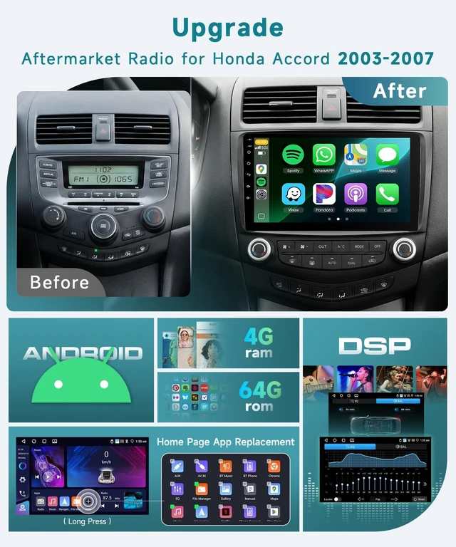 Alt view image 2 of 5 - 4G+64G for Honda Accord 2003-2007 Android Car Radio Stereo Upgrade with 5G WiFi DSP Wireless Carplay Android Auto, Sellrich 9" 1280P IPS Touchscreen Radio BT 5.0 GPS WiFi FM/RDS SWC Backup Came