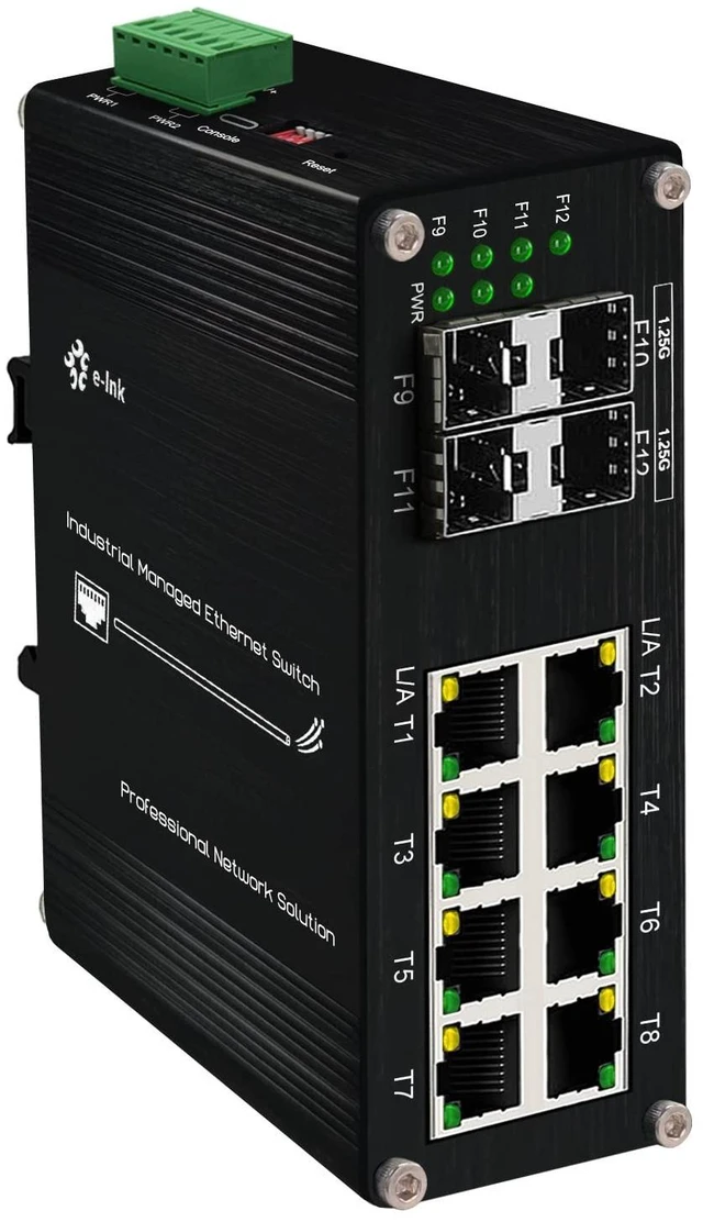Main image of Industrial 8 Ports L2 Managed Gigabit Fiber Switch with 4 1000Base-X SFP Slots Layer 2+ Web Management Din Rail Mount Network Switch Support QOS, VLAN, Ring Network, IGMP 12-48V DC Input