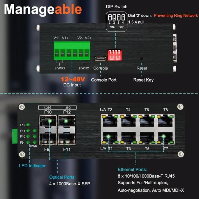 Alt view image 2 of 5 - Industrial 8 Ports L2 Managed Gigabit Fiber Switch with 4 1000Base-X SFP Slots Layer 2+ Web Management Din Rail Mount Network Switch Support QOS, VLAN, Ring Network, IGMP 12-48V DC Input
