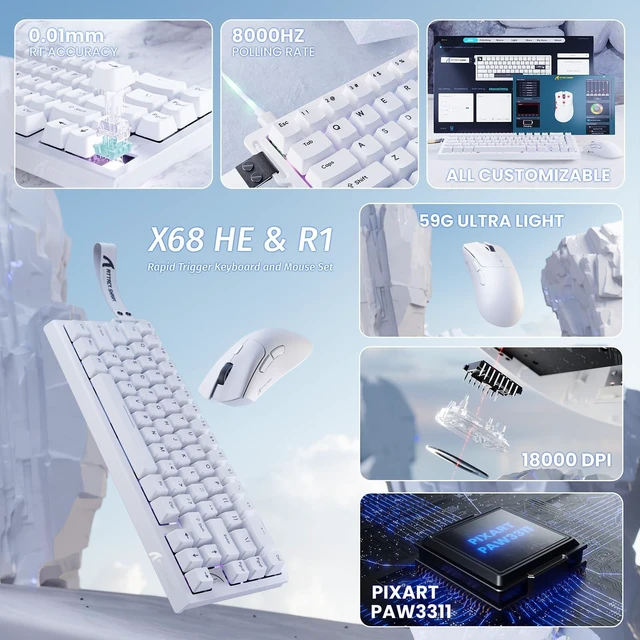 Alt view image 2 of 5 - ATTACK SHARK X68 HE 60% Wired 8KHZ Keyboard and Wireless R1 Mouse-White