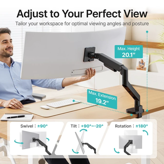 Alt view image 4 of 5 - PEGZONE Single Monitor Arm for 17-49 Inch Curved Screens, Black